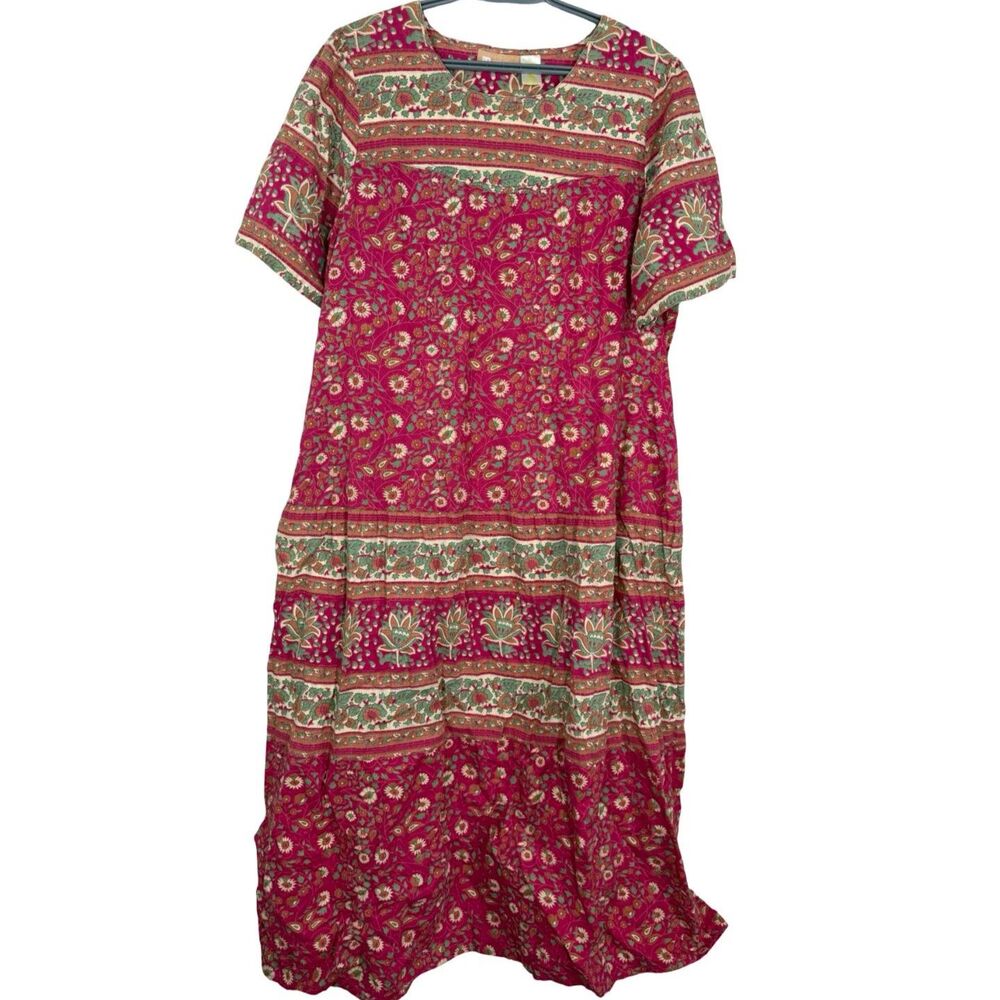 La Cera Pink Floral Muumuu House Maxi Dress Sz L Cotton Breathable Tiered Boho